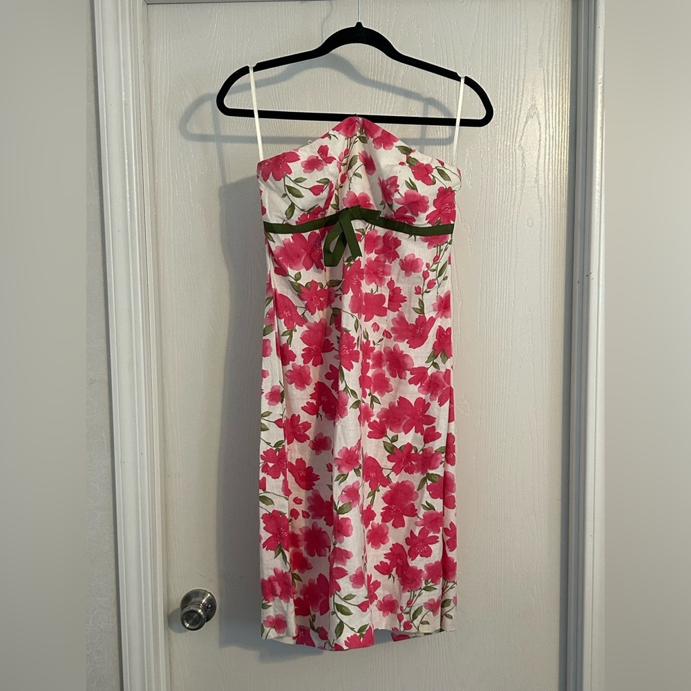 Floral Pink and Green Strapless Dress